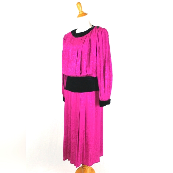 St. Gillian Pleated Fuchsia Pink Silk and Velvet 30s Inspired Vintage 80s  S M - Picture 3 of 14